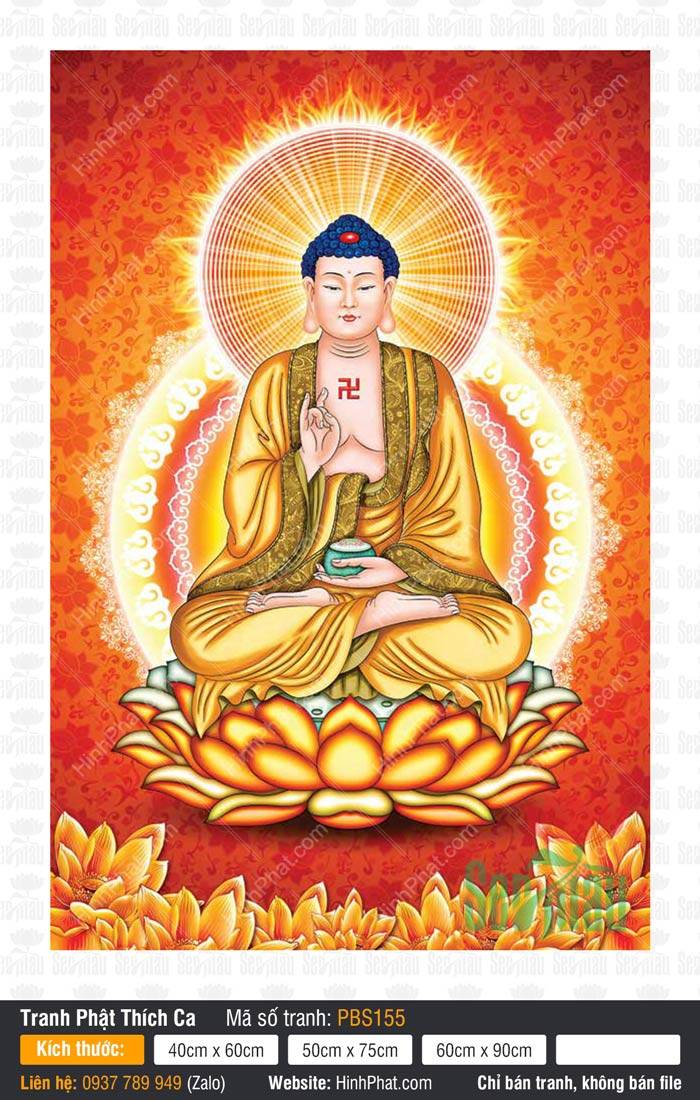 Phật Thích Ca Mâu Ni Đẹp PBS155 Hình Phật Thích Ca Mâu Ni Đẹp PBS155 tay kết ấn thuyết pháp nâng bát bảo hào quang vàng