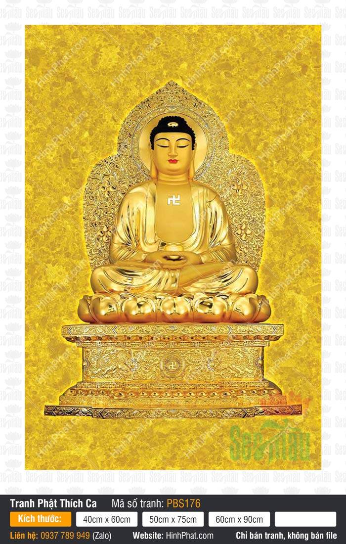 Phật Thích Ca Mâu Ni Đẹp PBS176 Phật Thích Ca Mâu Ni Đẹp PBS176 tôn tượng sắc vàng kim ngự đài sen trên nền hoa văn gấm