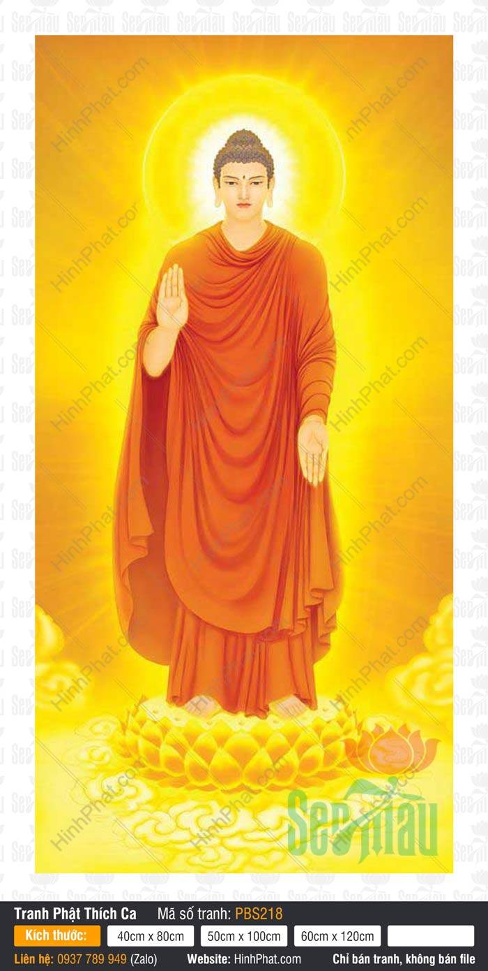 Phật Thích Ca Mâu Ni Đẹp PBS218 Tôn ảnh Phật Thích Ca Mâu Ni Đẹp PBS218 dáng đứng trang nghiêm trên tòa sen vàng giữa mây trời
