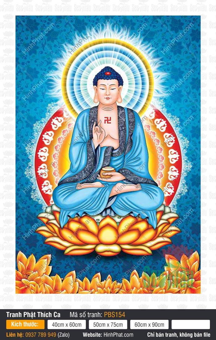 Phật Thích Ca Mâu Ni PBS154 Phật Thích Ca Mâu Ni PBS154 mặc y phục màu xanh dương cầm bình bát trên tòa sen vàng