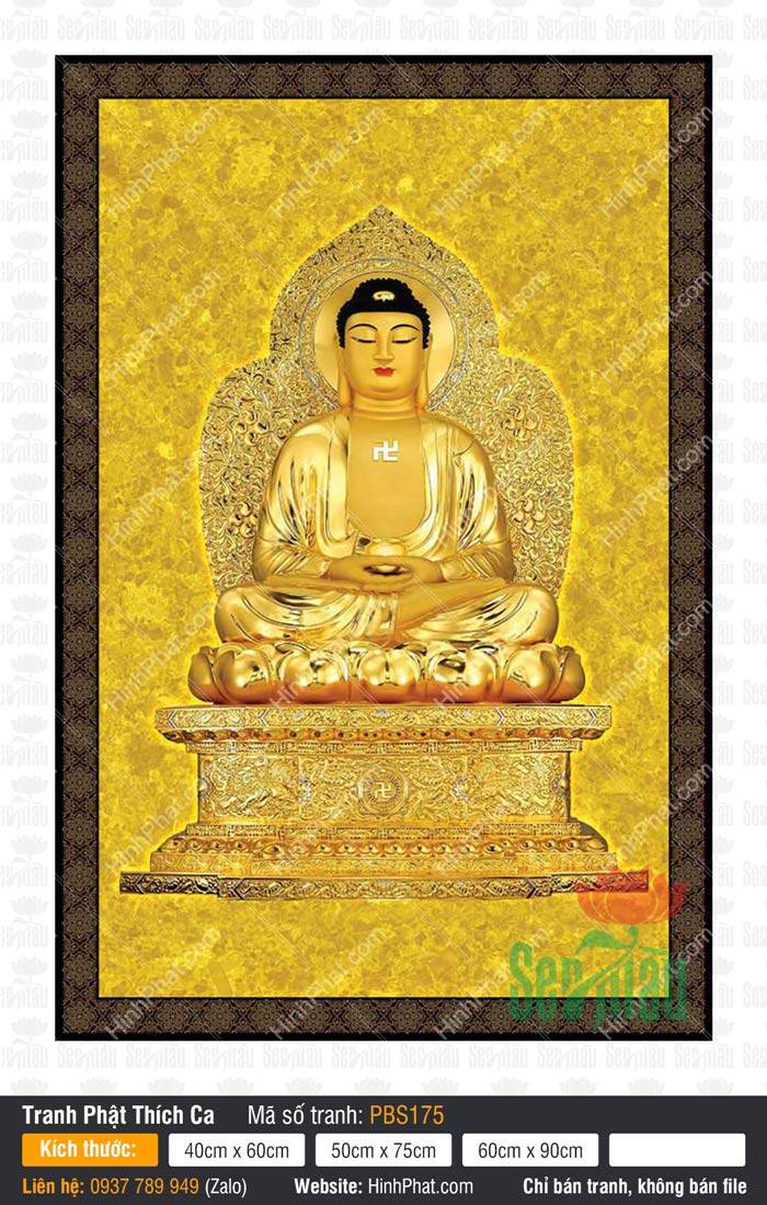 Phật Thích Ca Mâu Ni PBS175 Tôn tượng sắc vàng rực rỡ ngự đài sen trong tác phẩm Phật Thích Ca Mâu Ni PBS175.
