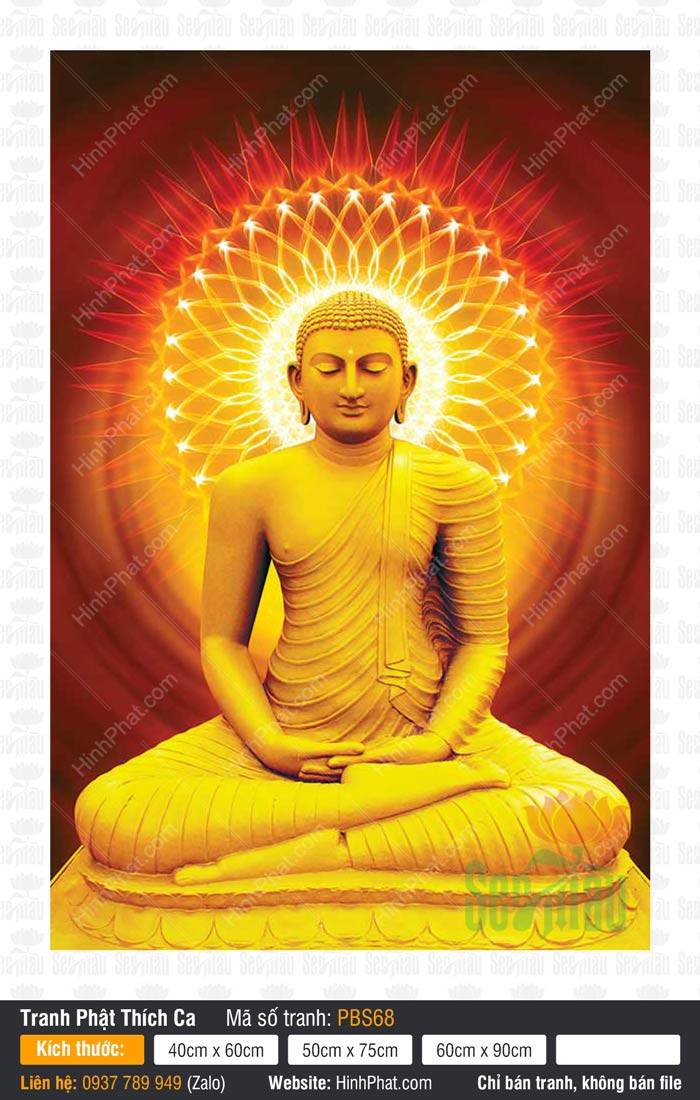 Phật Thích Ca PBS68 Hình Phật Thích Ca PBS68 tọa thiền với vầng hào quang mandala vàng rực rỡ