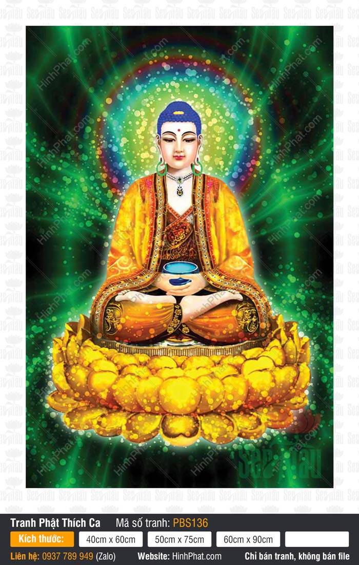 Tranh Phật Thích Ca Đẹp PBS136 Tranh Phật Thích Ca Đẹp PBS136 Đức Thế Tôn nâng bình bát xanh tọa sen vàng hào quang xanh