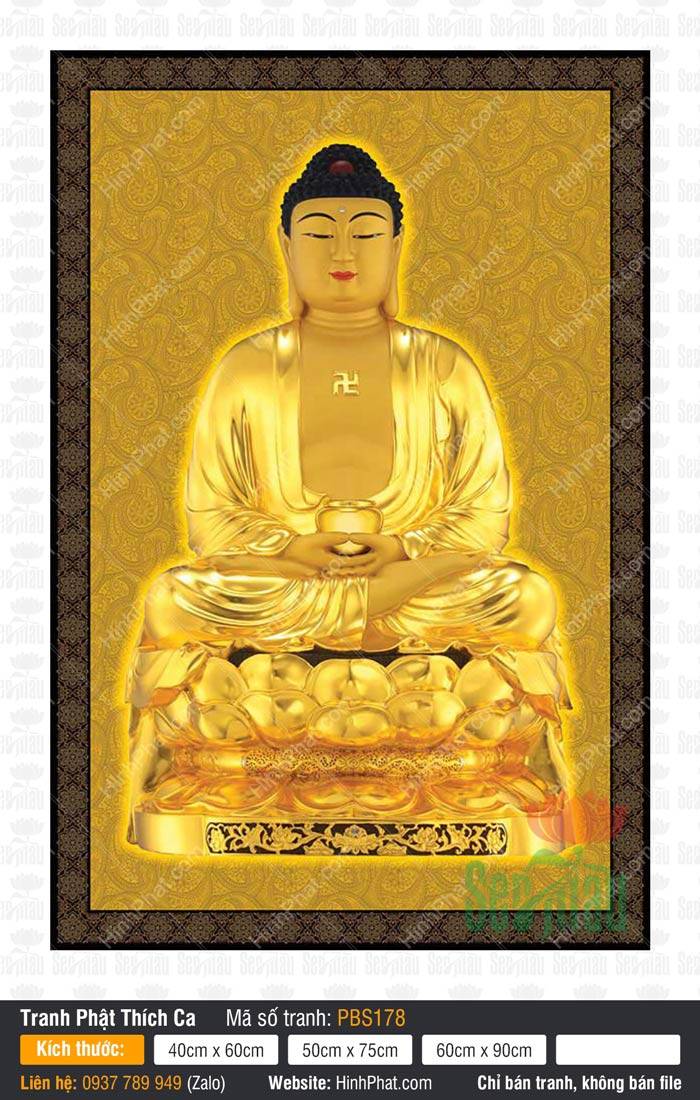 Tranh Phật Thích Ca Đẹp PBS178 Tôn tượng vàng kim cầm bát bảo ngự đài sen trong bức Tranh Phật Thích Ca Đẹp PBS178.