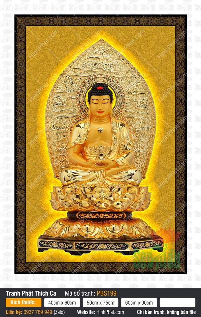 Tranh Phật Thích Ca Đẹp PBS199 Tranh Phật Thích Ca Đẹp PBS199 tôn tượng sắc vàng kim ngự đài sen báu giữa hào quang rực rỡ