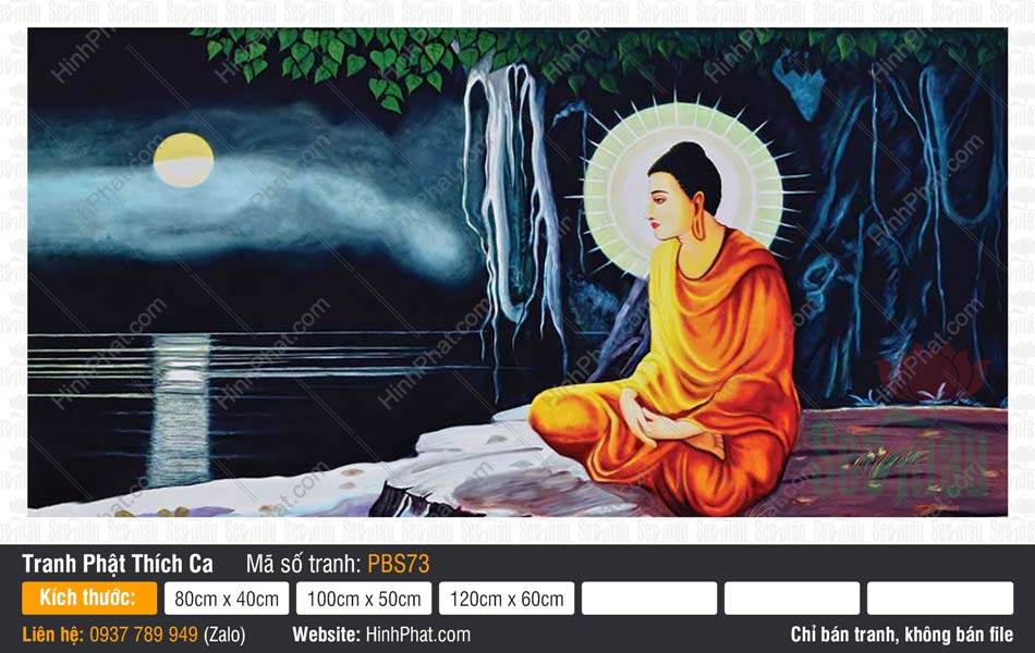 Tranh Phật Thích Ca Đẹp PBS73 Tranh Phật Thích Ca Đẹp PBS73 họa nét Đức Phật tọa thiền dưới ánh trăng rằm bên hồ nước
