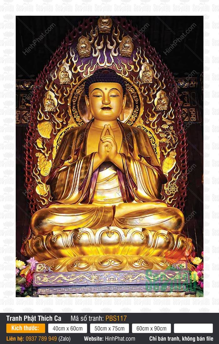 Tranh Phật Thích Ca Mâu Ni Đẹp PBS117 Tranh Phật Thích Ca Mâu Ni Đẹp PBS117 tôn tượng kim thân chắp tay trên đài sen vàng