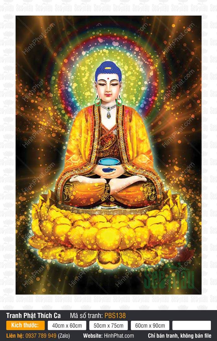 Tranh Phật Thích Ca Mâu Ni Đẹp PBS138 Tranh Phật Thích Ca Mâu Ni Đẹp PBS138 ngự tòa sen vàng rực rỡ với hào quang ngũ sắc