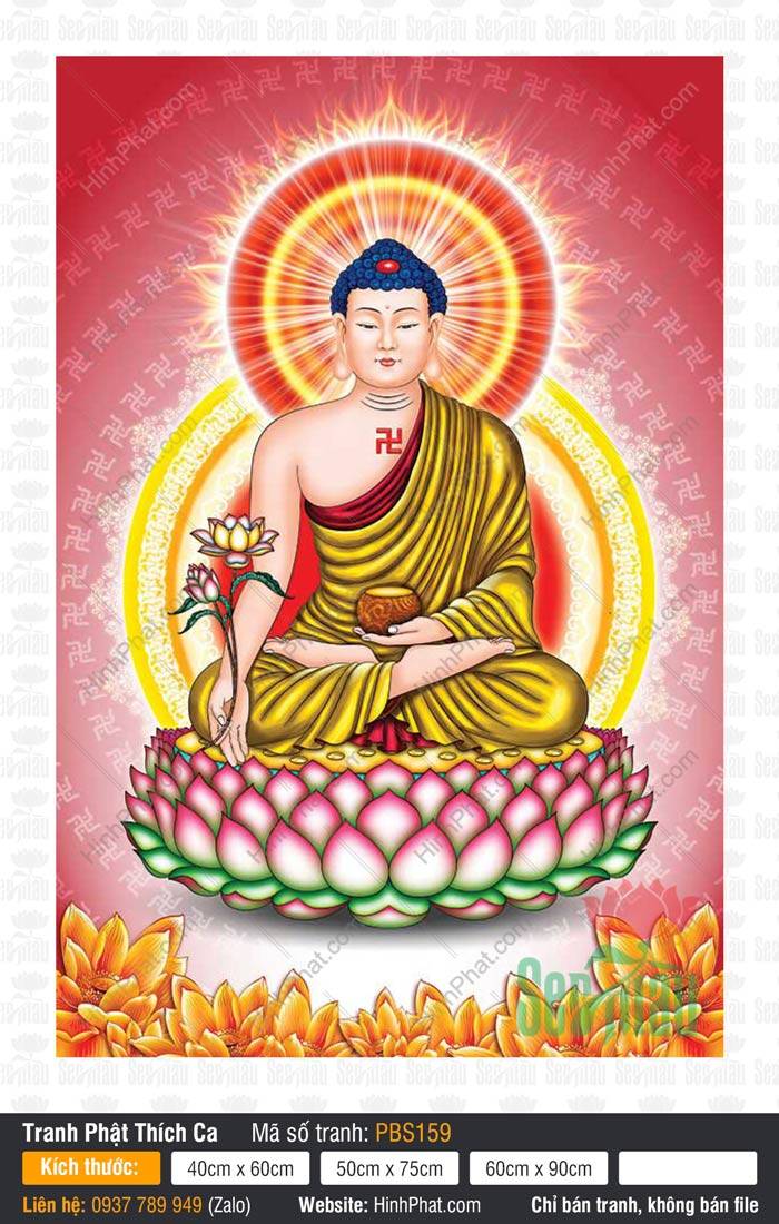 Tranh Phật Thích Ca Mâu Ni Đẹp PBS159 Tranh Phật Thích Ca Mâu Ni Đẹp PBS159 cầm nhành sen hồng và bình bát vàng ngự tòa sen