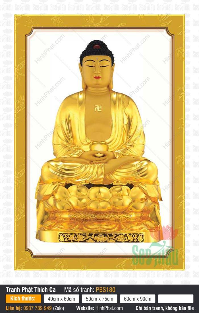Tranh Phật Thích Ca Mâu Ni Đẹp PBS180 Tôn tượng Tranh Phật Thích Ca Mâu Ni Đẹp PBS180 bằng vàng kim ngự tòa sen báu rực rỡ