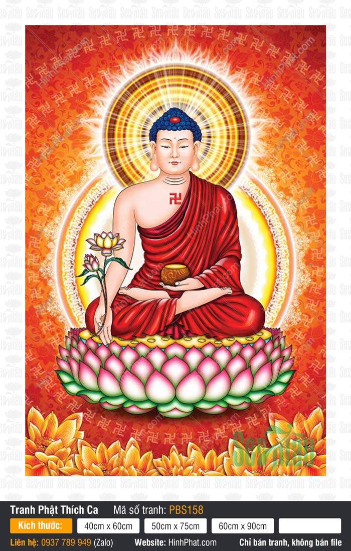 Tranh Phật Thích Ca Mâu Ni PBS158 Hình Tranh Phật Thích Ca Mâu Ni PBS158 mặc y đỏ cầm nhành sen tay nâng bát bảo hào quang rực rỡ