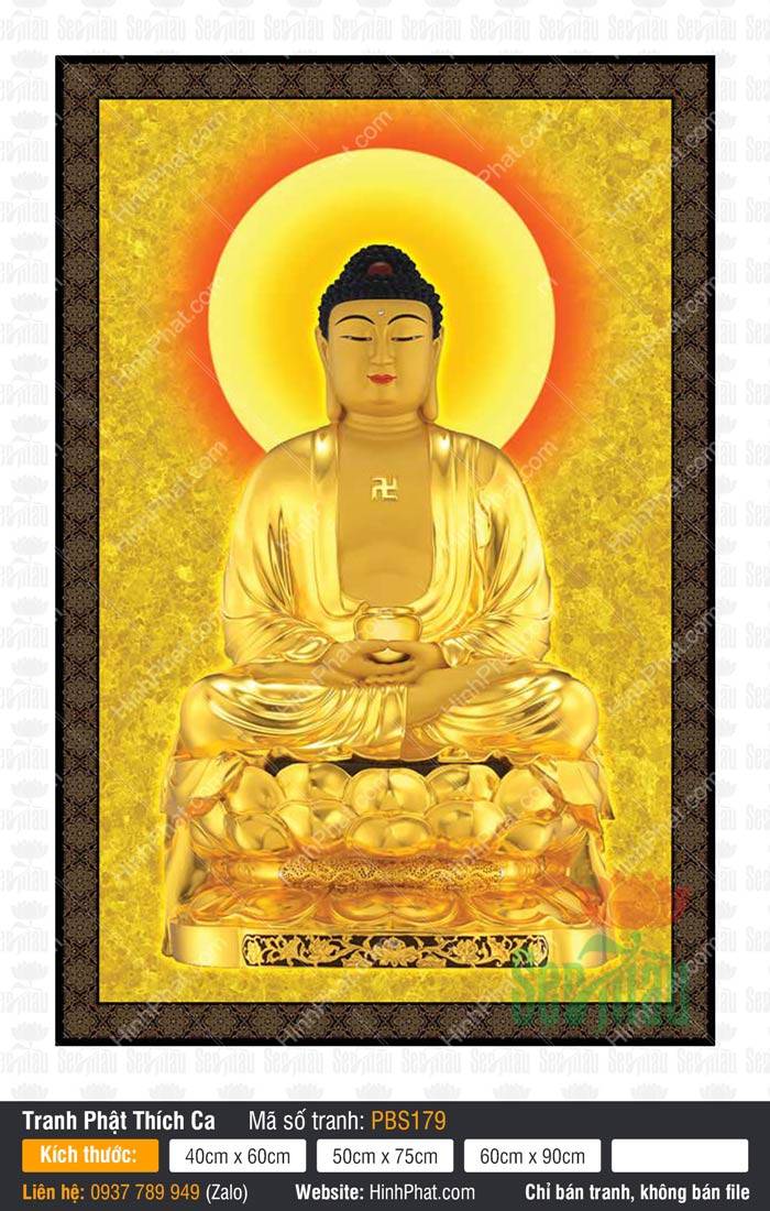 Tranh Phật Thích Ca Mâu Ni PBS179 Tranh Phật Thích Ca Mâu Ni PBS179 tôn tượng sắc vàng kim ngự tòa sen báu tay cầm bình bát