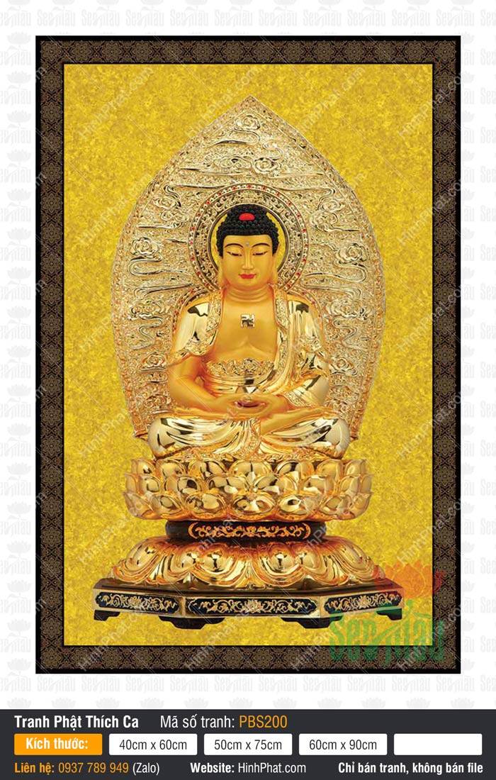 Tranh Phật Thích Ca Mâu Ni PBS200 Tranh Phật Thích Ca Mâu Ni PBS200 kim thân rực rỡ tọa thiền trên đài sen vàng tỏa hào quang
