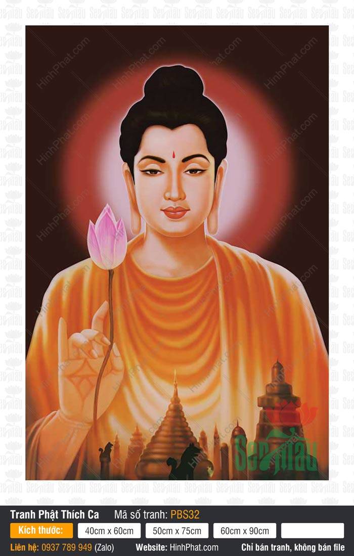 Tranh Phật Thích Ca Mâu Ni PBS32 Tranh Phật Thích Ca Mâu Ni PBS32 khắc họa Ngài cầm đóa sen hồng giữa hào quang rực rỡ