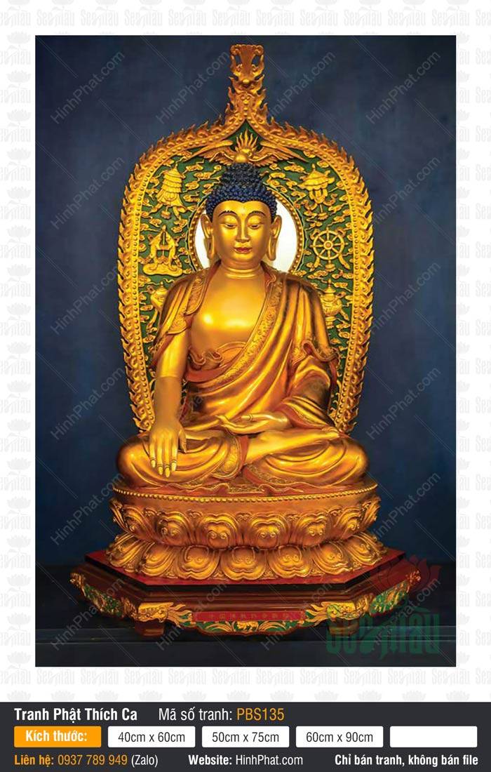 Tranh Phật Thích Ca PBS135 Bức Tranh Phật Thích Ca PBS135 tôn tượng vàng kim ngự đài sen báu ấn xúc địa trang nghiêm