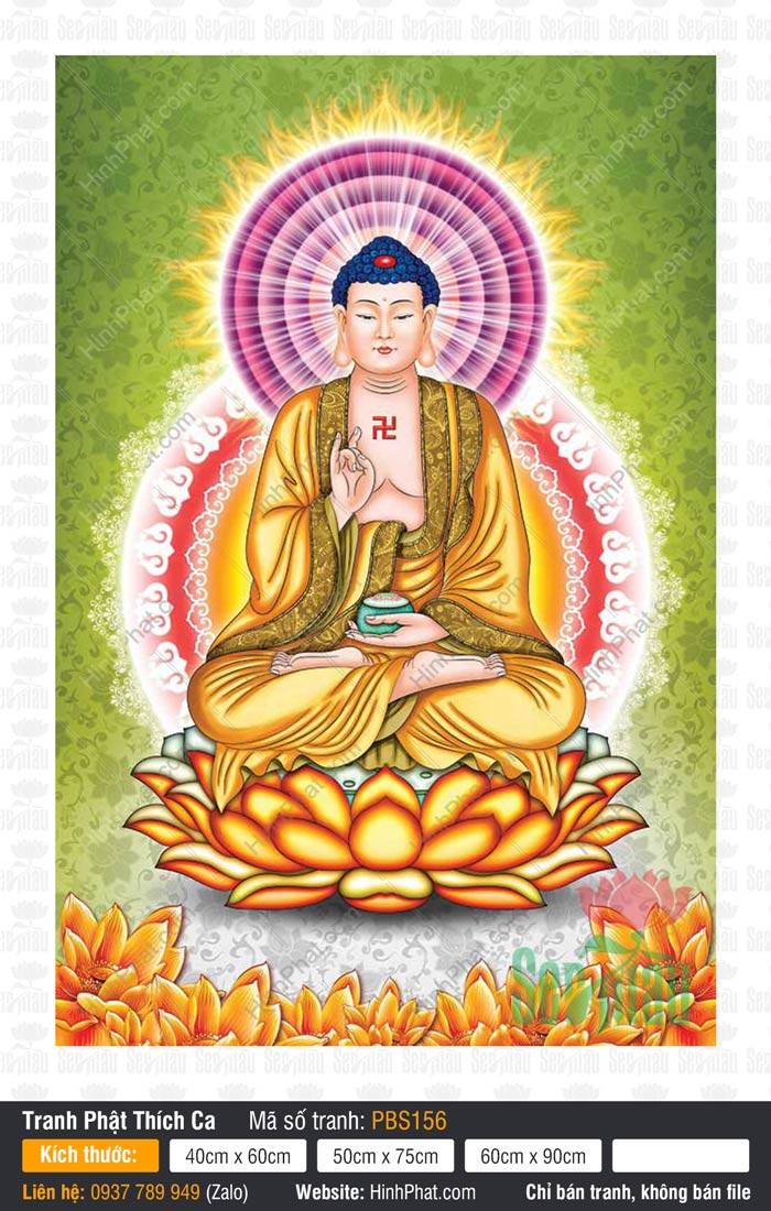 Tranh Phật Thích Ca PBS156 Tranh Phật Thích Ca PBS156 ngồi trên đài sen vàng tỏa hào quang tím rạng rỡ