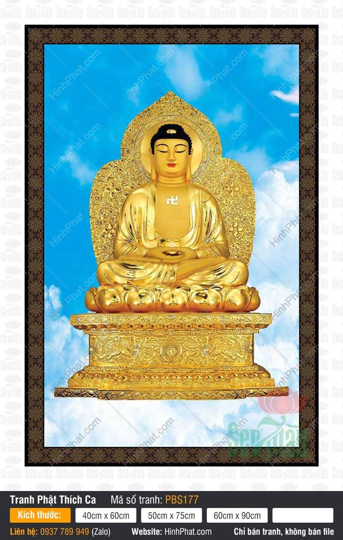 Tranh Phật Thích Ca PBS177 Bức Tranh Phật Thích Ca PBS177 mô tả tôn tượng vàng kim tọa thiền giữa nền trời xanh mây trắng