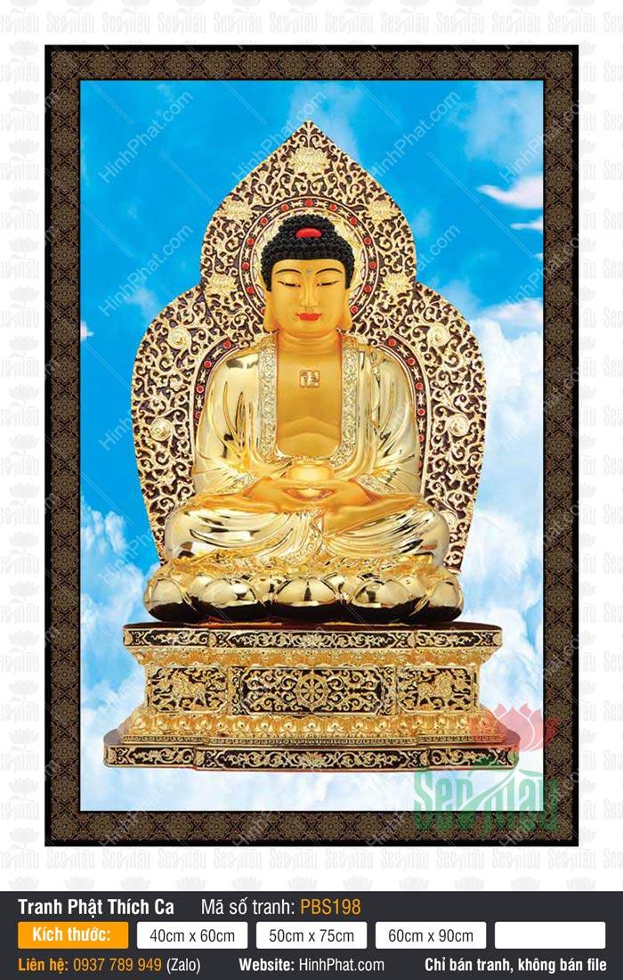 Tranh Phật Thích Ca PBS198 Tranh Phật Thích Ca PBS198 kim thân dát vàng tay ôm bát bảo ngự đài sen