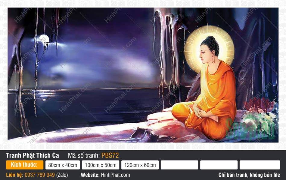 Tranh Phật Thích Ca PBS72 Tranh Phật Thích Ca PBS72 tọa thiền tĩnh tại bên hồ nước dưới ánh trăng huyền ảo đêm thanh