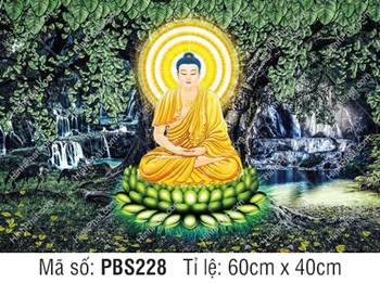 Đức Phật Thích Ca Mâu Ni PBS228, Ngài tọa sen xanh giữa rừng thác