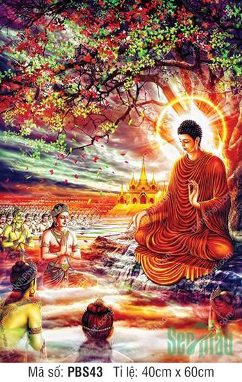 Hình Phật Thích Ca Đẹp PBS43, thuyết pháp dưới cội cây hoa rực rỡ