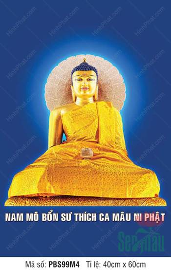 Hình Phật Thích Ca Mâu Ni Đẹp PBS99M4, tôn tượng vàng kim nền xanh