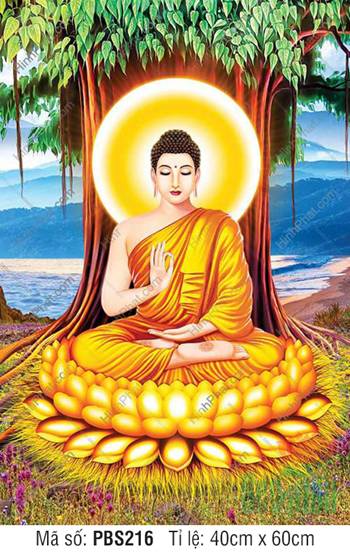 Phật Thích Ca Đẹp PBS216, Ngài tọa sen vàng dưới gốc Bồ Đề