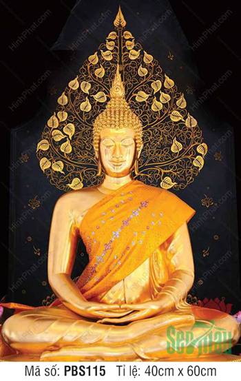 Tranh Phật Thích Ca Đẹp PBS115, tôn tượng vàng kim dưới tán Bồ Đề