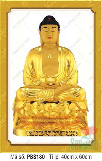 Tranh Phật Thích Ca Mâu Ni Đẹp PBS180, tôn tượng vàng kim ngự đài sen