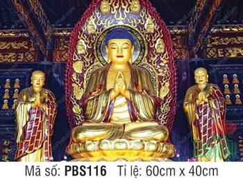 Tranh Phật Thích Ca Mâu Ni PBS116, tôn tượng vàng cùng nhị vị tôn giả