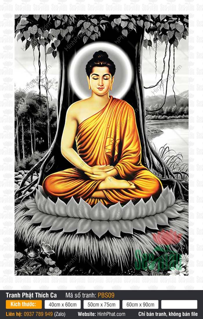 Tranh Phật Thích Ca Đẹp PBS09 Tranh Phật Thích Ca Đẹp PBS09 tọa thiền dưới gốc bồ đề trên nền phong cảnh trắng đen trang nghiêm