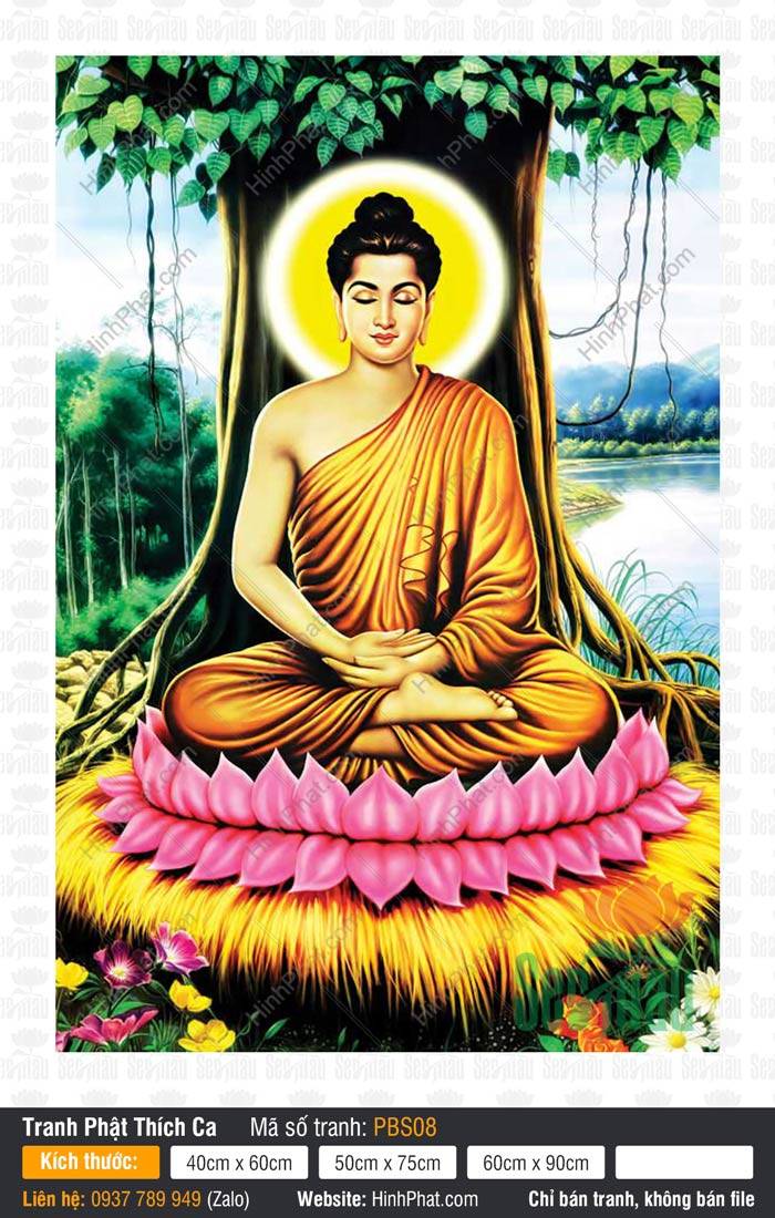 Tranh Phật Thích Ca Khổ Lớn PBS08 Tranh Phật Thích Ca khổ lớn PBS08 tọa dưới cây Bồ Đề bên dòng sông xanh
