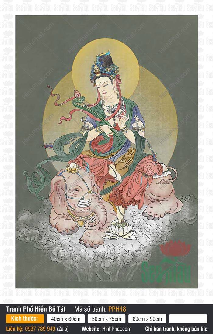 Phổ Hiền Bồ Tát PPH48 Phổ Hiền Bồ Tát PPH48 cầm gậy Như Ý ngồi trên voi trắng giữa mây ngàn trang nghiêm.