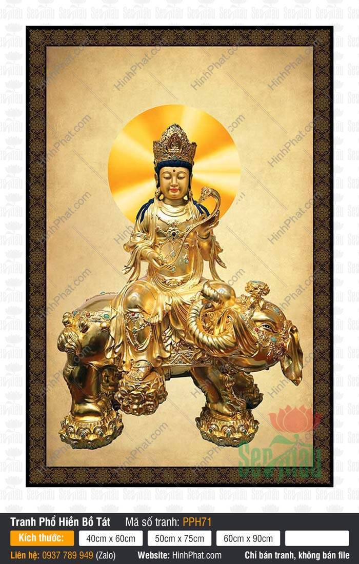 Tranh Bồ Tát Phổ Hiền Đẹp Nhất PPH71 Tranh Bồ Tát Phổ Hiền Đẹp Nhất PPH71 tôn tượng dát vàng cưỡi linh thú voi cầm gậy Như Ý