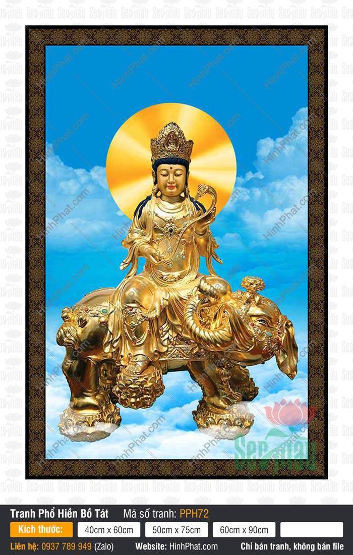 Tranh Đại Hạnh Phổ Hiền Bồ Tát PPH72 Tranh Đại Hạnh Phổ Hiền Bồ Tát PPH72 ngự trên voi vàng sáu ngà giữa bầu trời mây xanh.