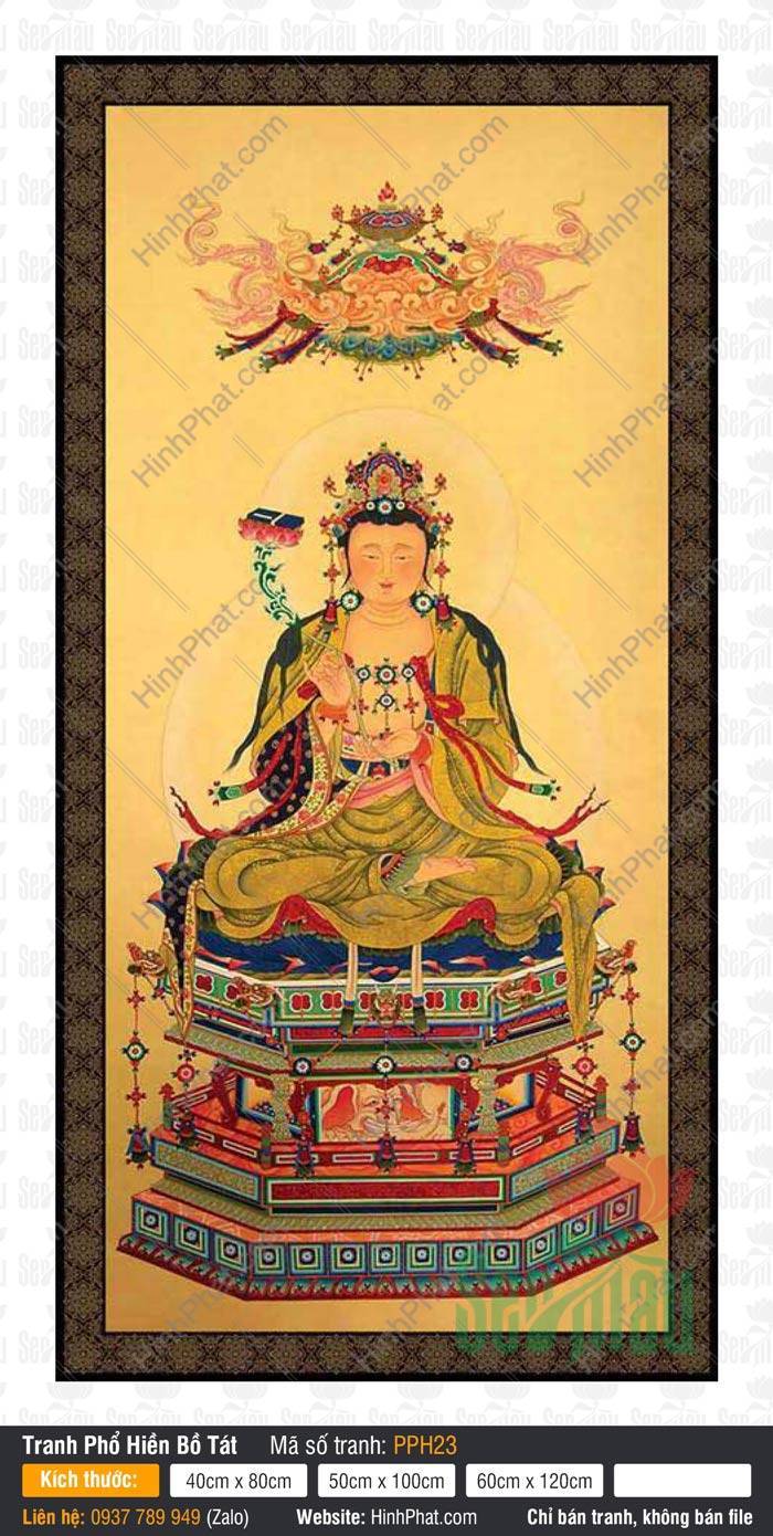 Hình Phổ Hiền Bồ Tát Đẹp PPH23 Hình Phổ Hiền Bồ Tát Đẹp PPH23 vẽ Ngài ngự tòa tháp tay cầm nhành sen hồng rực rỡ