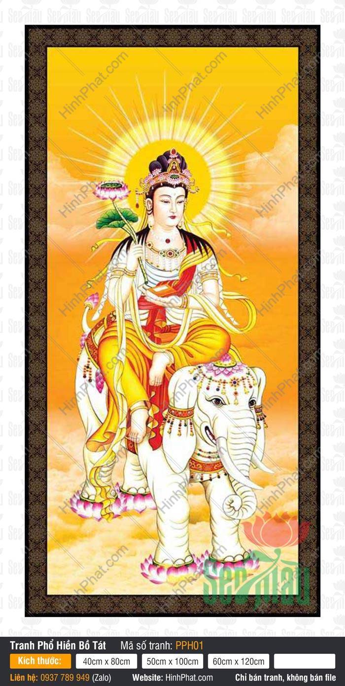 Phổ Hiền Bồ Tát PPH01 Phổ Hiền Bồ Tát PPH01 ngự trên bạch tượng sáu ngà tay cầm hoa sen hồng rực rỡ