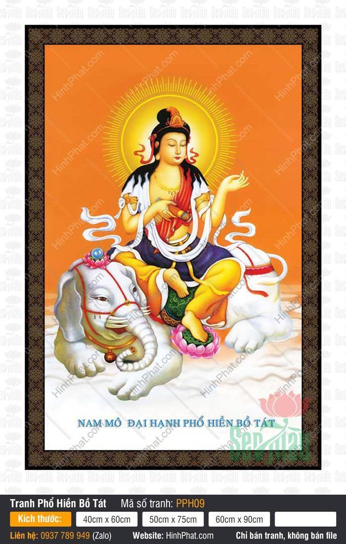 Phổ Hiền Bồ Tát PPH09 Phổ Hiền Bồ Tát PPH09 cầm kinh luân tọa voi trắng giữa vầng hào quang rực rỡ