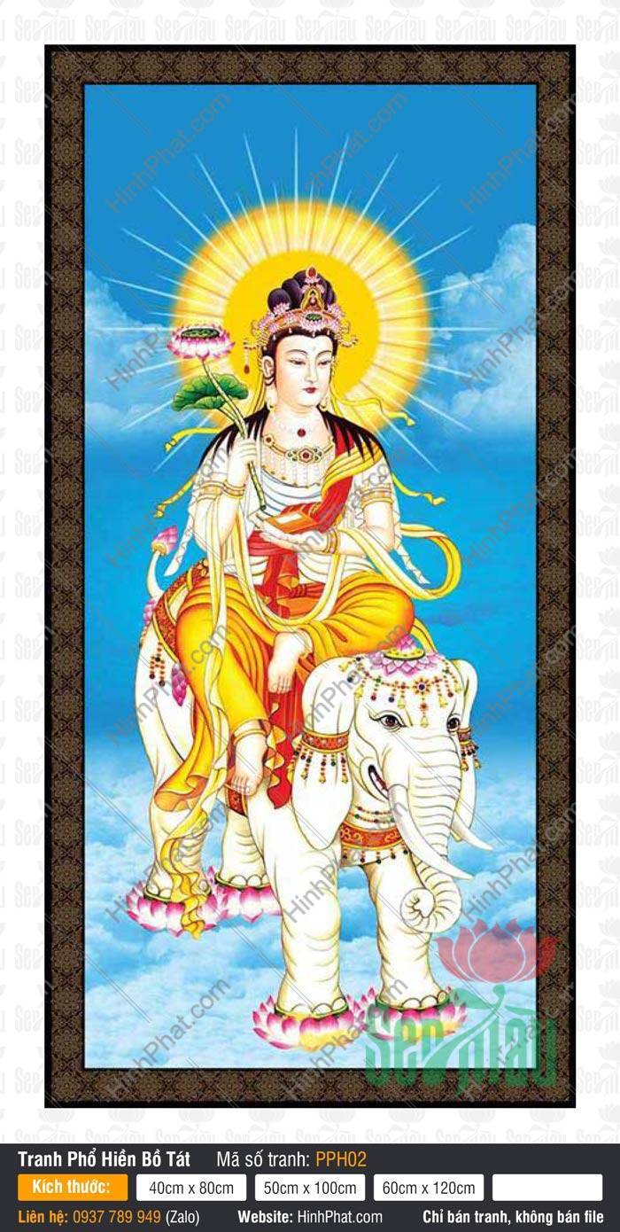 Phổ Hiền Bồ Tát Đẹp PPH02 Tranh Phổ Hiền Bồ Tát Đẹp PPH02 mô tả Ngài ngự voi trắng sáu ngà trên nền mây xanh