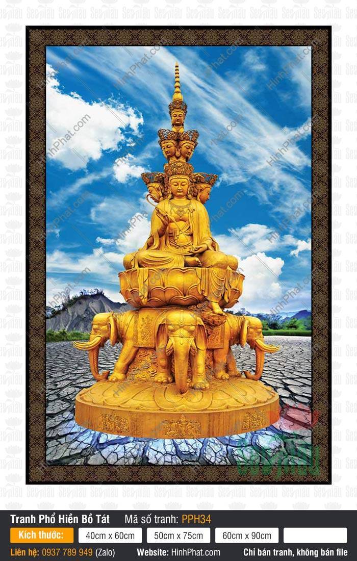 Phổ Hiền Bồ Tát Đẹp PPH34 Phổ Hiền Bồ Tát Đẹp PPH34 tôn tượng vàng mười mặt tọa đài sen trên lưng bốn voi vàng