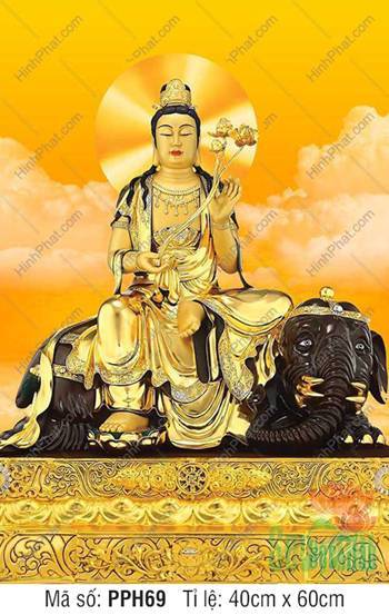 Tranh Bồ Tát Phổ Hiền PPH69, Ngài ngự linh thú voi đen giữa mây trời