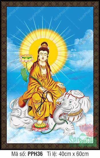 Tranh Phổ Hiền Bồ Tát Đẹp PPH36, tôn tượng cưỡi voi giữa trời xanh