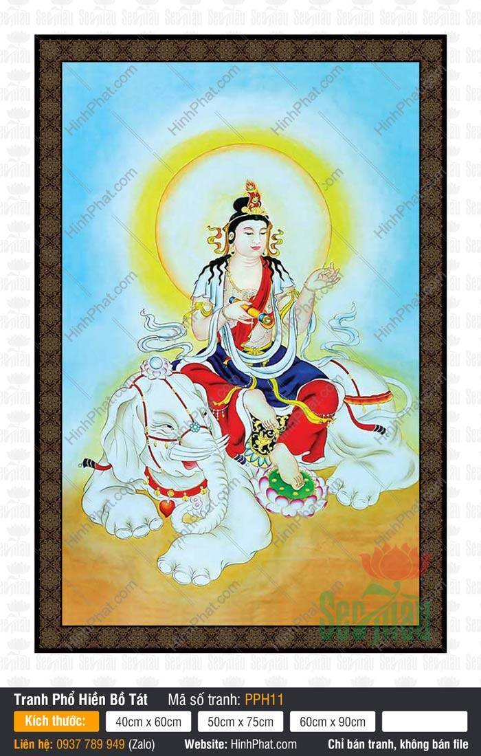 Tranh Phổ Hiền Bồ Tát PPH11 Tranh Phổ Hiền Bồ Tát PPH11 Ngài ngự trên voi trắng sáu ngà với y phục xanh đỏ trang nghiêm