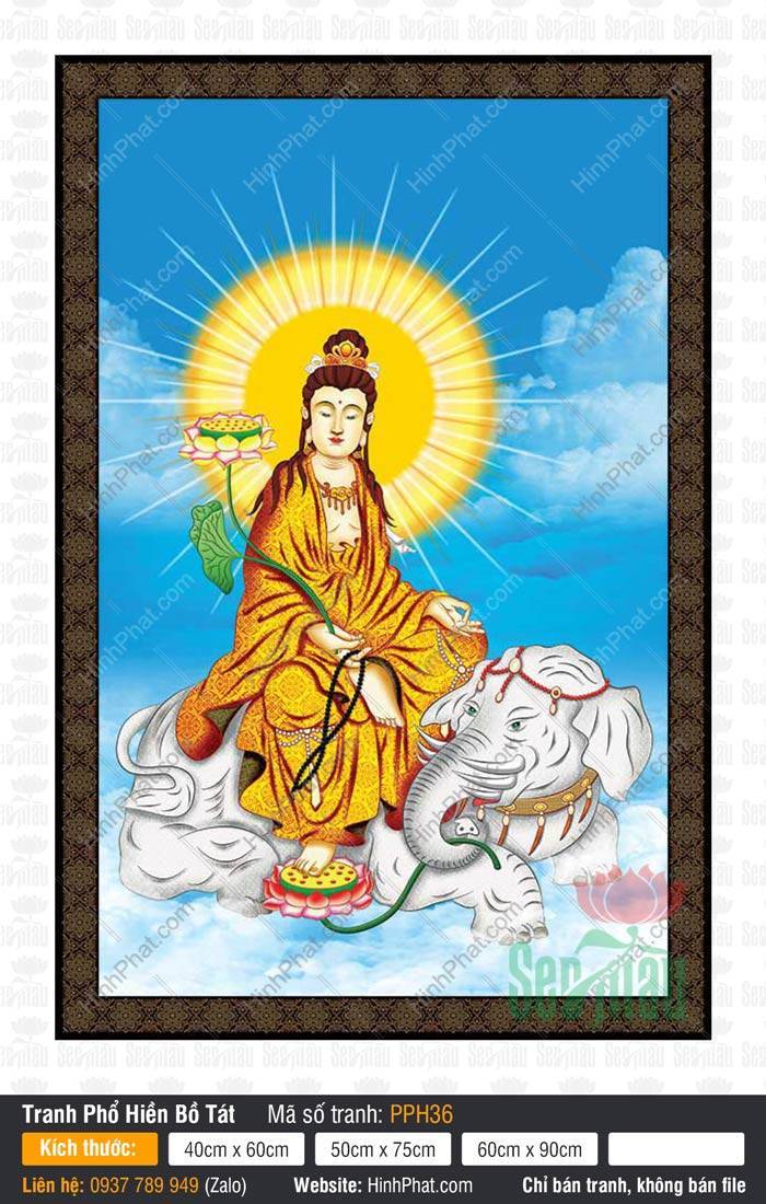Tranh Phổ Hiền Bồ Tát Đẹp PPH36 Tranh Phổ Hiền Bồ Tát Đẹp PPH36 mô tả Ngài mặc y cam cưỡi bạch tượng sáu ngà giữa mây trời