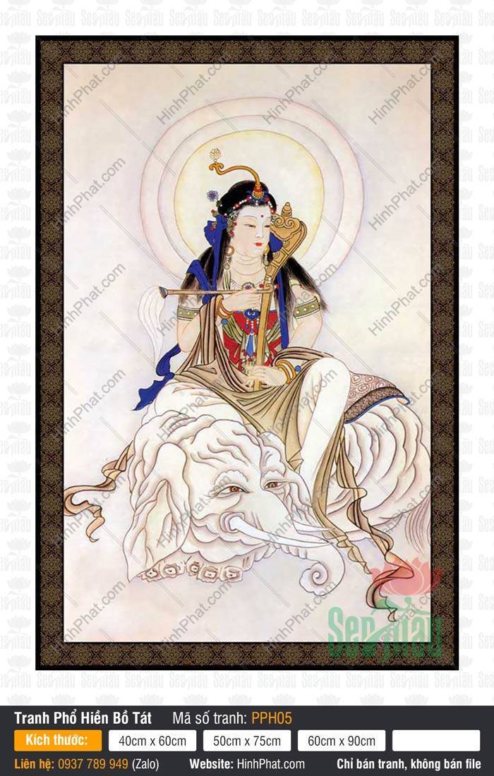Tranh Phổ Hiền Bồ Tát Đẹp nhất PPH05 Tranh Phổ Hiền Bồ Tát Đẹp Nhất PPH05 ngự trên voi trắng sáu ngà nét vẽ cổ điển