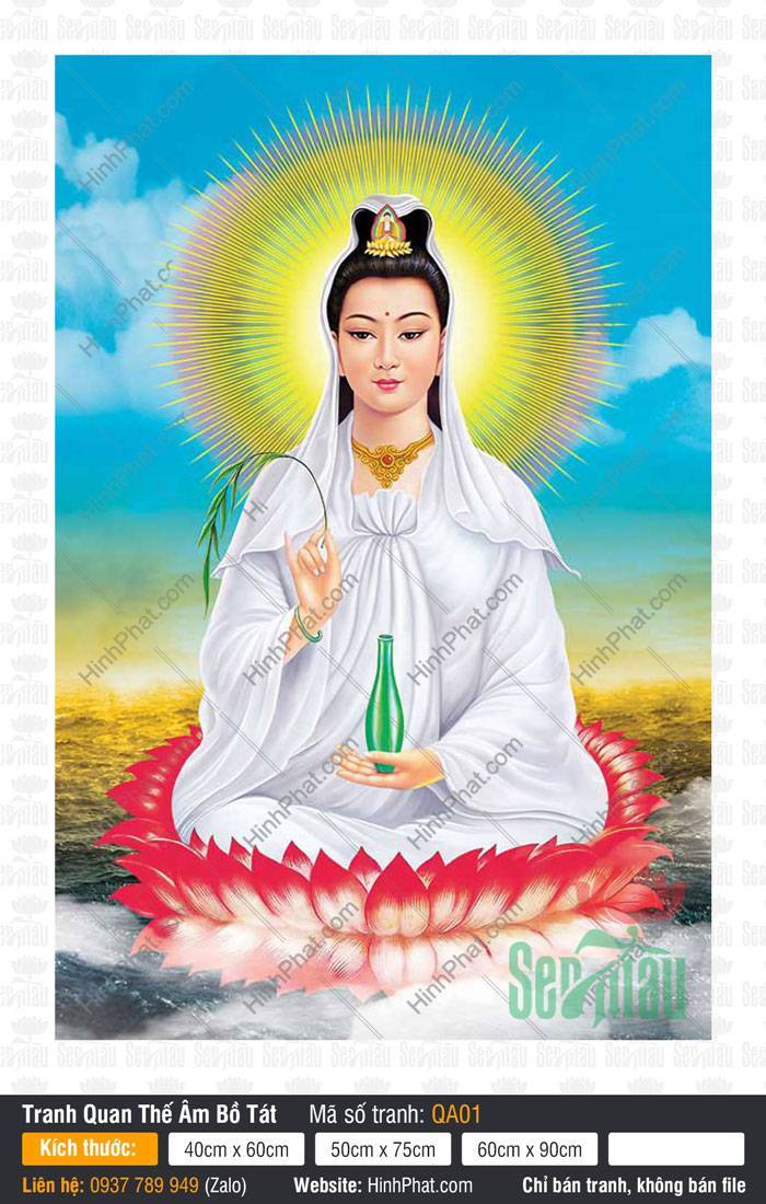 Ảnh Phật Quan Âm Đẹp Nhất QA01 Ảnh Phật Quan Âm Đẹp Nhất QA01 khoác áo trắng ngự đài sen hồng nâng bình cam lộ