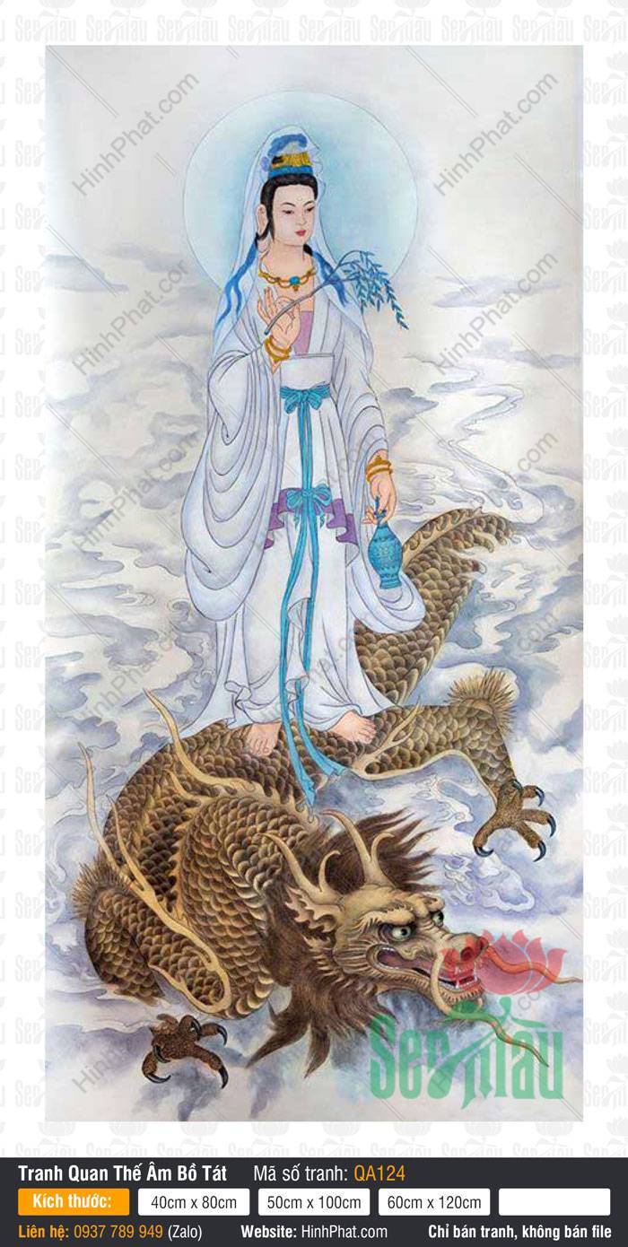 Ảnh Phật Quan Âm Đẹp Nhất QA124 Ảnh Phật Quan Âm Đẹp Nhất QA124 khoác y phục trắng thắt dải lụa xanh đứng trên lưng rồng