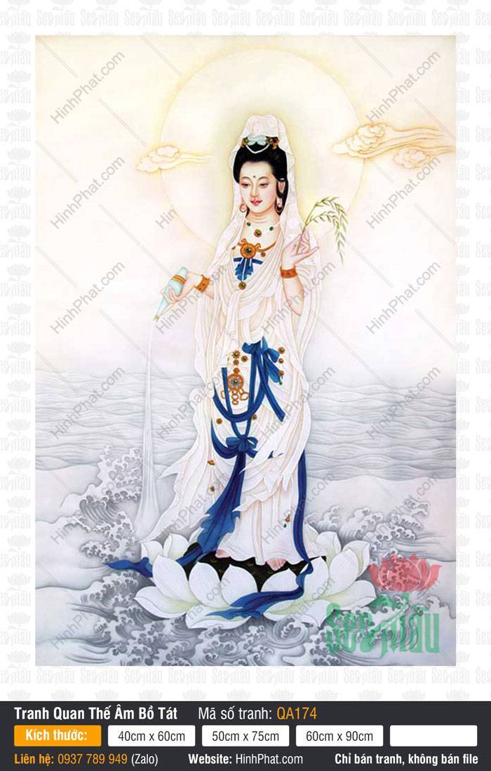 Ảnh Phật Quan Âm Đẹp Nhất QA174 Ảnh Phật Quan Âm Đẹp Nhất QA174 đứng trên sen trắng với bình tịnh thủy