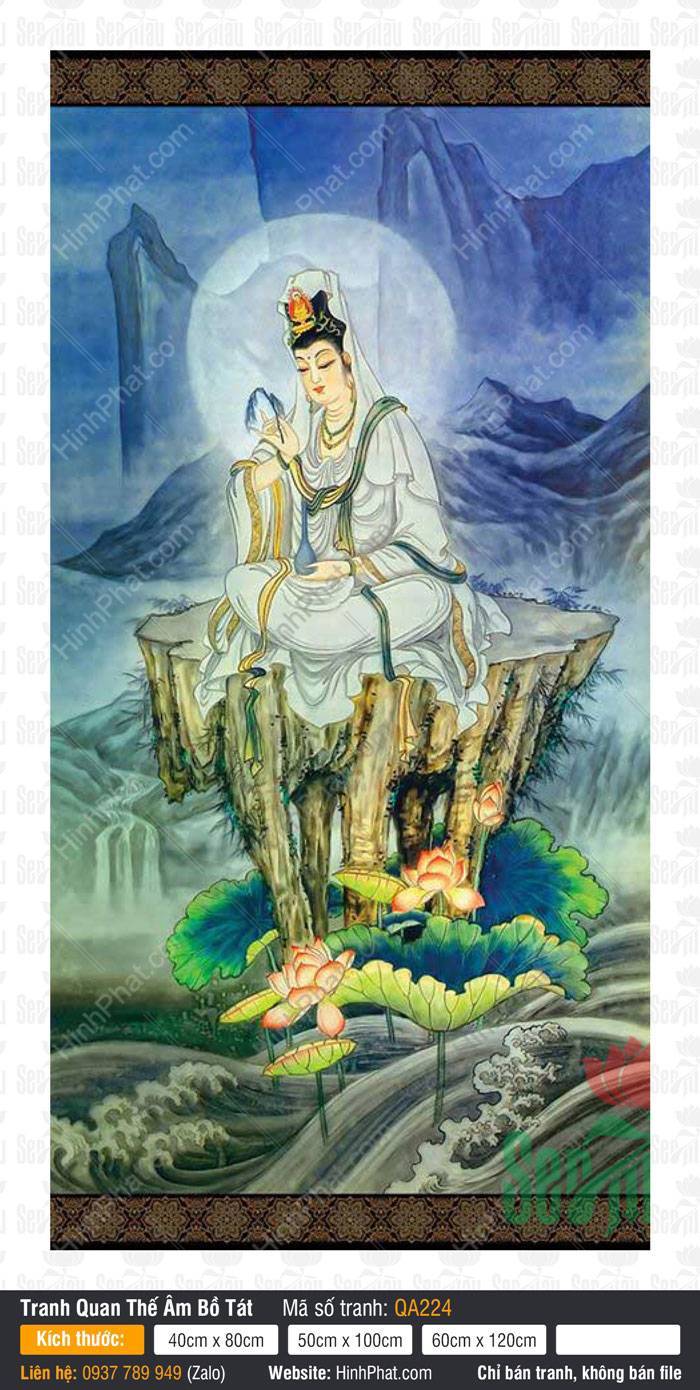 Ảnh Phật Quan Âm Đẹp Nhất QA224 Ảnh Phật Quan Âm Đẹp Nhất QA224 tọa thiền trên đài đá giữa cảnh sơn thủy sen hồng
