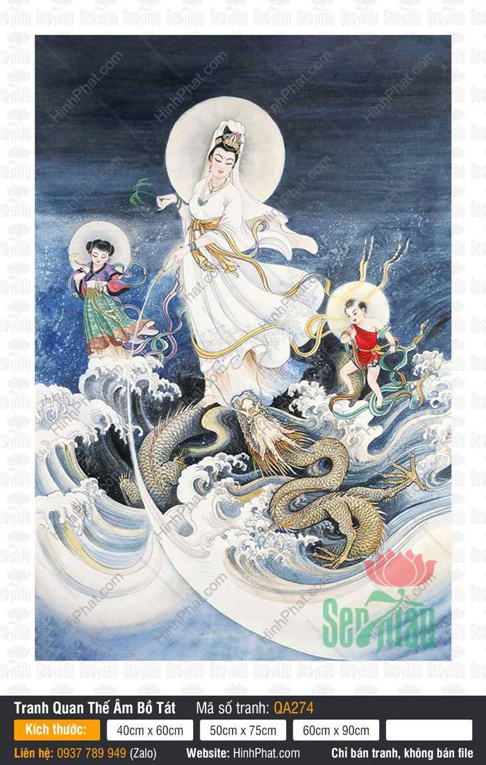 Ảnh Phật Quan Âm Đẹp Nhất QA274 Ảnh Phật Quan Âm Đẹp Nhất QA274 khoác bạch y đứng trên rồng vàng giữa biển sóng cuộn